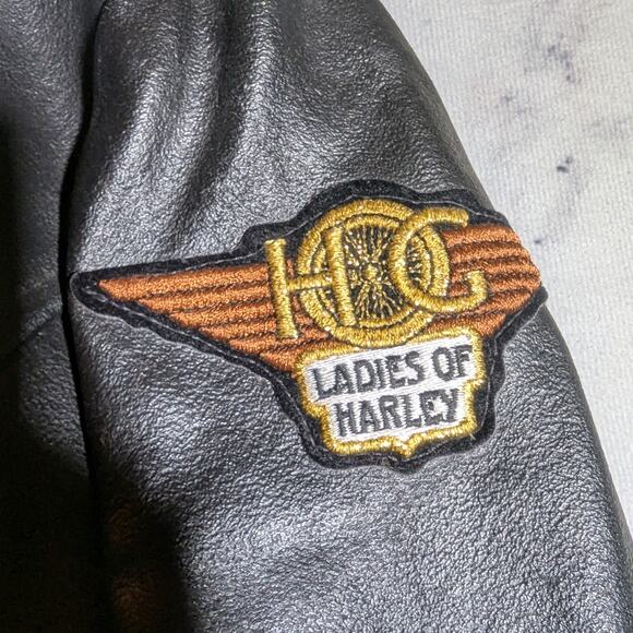 Vtg 1980s The Leather Shop Black Harley Patch Full Zip Biker Jacket Women's 18 - Picture 4 of 7